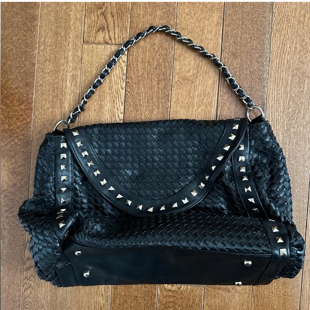 Woven studded shoulder bag